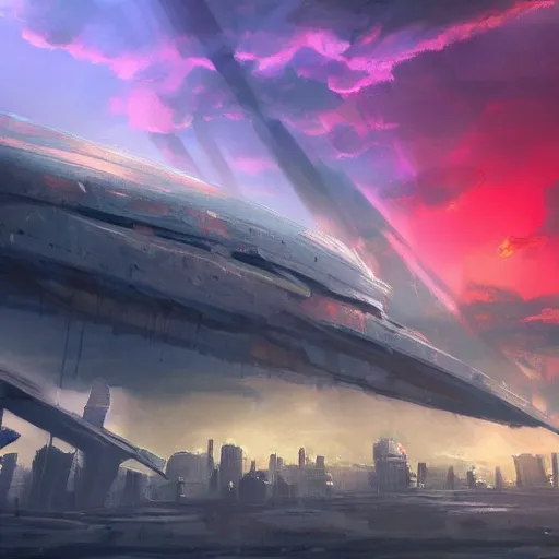 Prompt: City+alien ships+red sky+black clouds+decimated+artstation+concept art