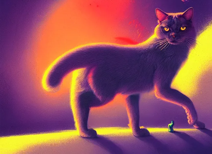 Prompt: A psychedelic concrete chimeric cat , vibrant color scheme, highly detailed, in the style of romanticism, cinematic, artstation, Moebius, Greg rutkowski