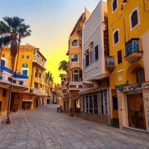 Image similar to a beautiful tirat carmel city with lots of glowing crystals, sunset lighting,