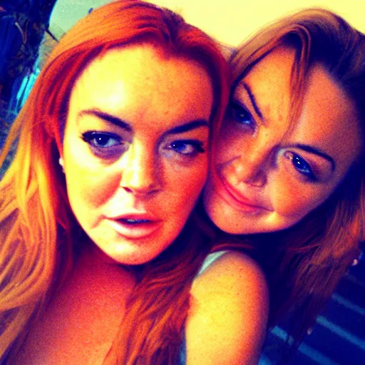 Image similar to Selfie photograph of Lindsay Lohan and Lindsay Lohan, golden hour, 8k,