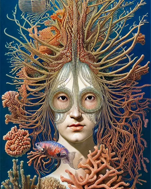 Prompt: hyperrealistic detailed underwater face portrait of the beautiful goddess of the fish with an intricate headgear of corals, sea kelp, sea plants, fish, starfish, jellyfish, art by ernst haeckel, james jean, gothic, neo - gothic, ornamental, beautiful deep colours,