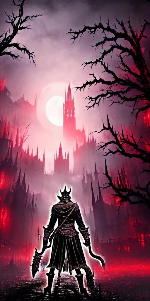 Image similar to populated bloodborne old valley with a dark person at the centre and a ruined gothic city in the background, trees and stars in the background, falling red petals, epic red - orange moonlight, perfect lightning, wallpaper illustration by niko delort and kentaro miura, 4 k, ultra realistic