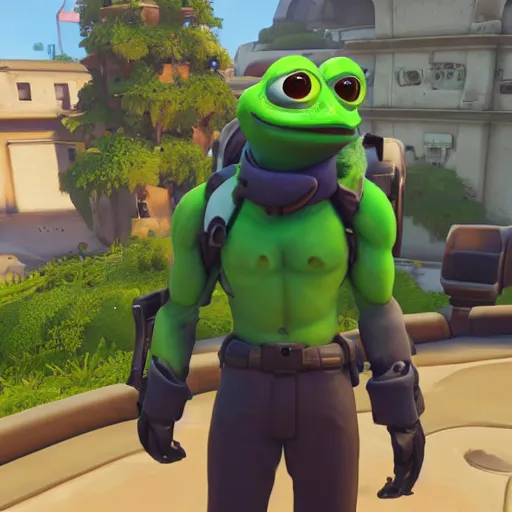 Image similar to Screenshot of Pepe the frog as an Overwatch hero