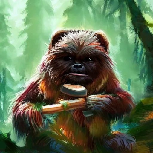 Image similar to cute ewok bathing in the forest, artstation, colorful