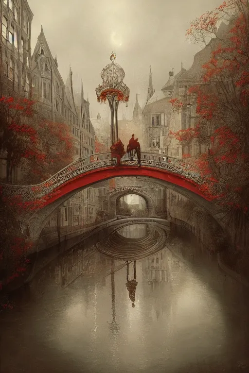 Prompt: breathtaking detailed soft painting of entertwined bridges on a crystal grey sky, intricate right and curves light bridges in a canal, art nouveau music instrument and a red spot, rembrandt style, elegant, highly detailed, artstation, concept art, matte, sharp focus, art by tom bagshaw, and greg rutkowski