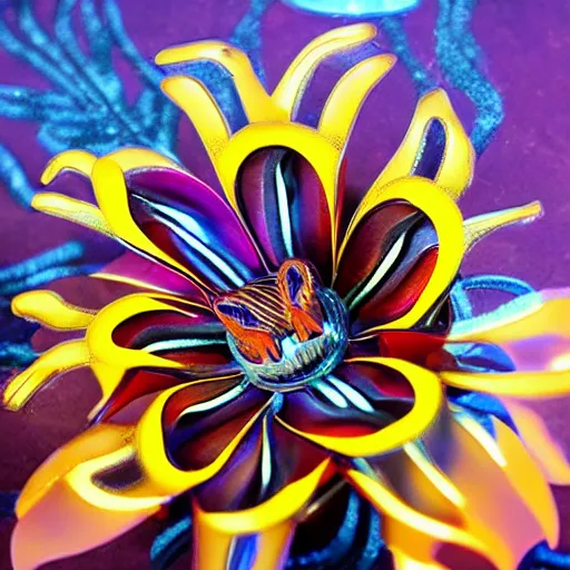 Prompt: mechanical tiger lily flower, metallic, glowing, high detail