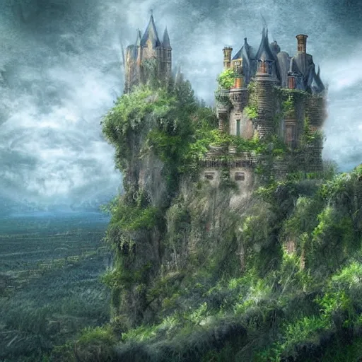 Image similar to a castle on a tall mountain above the clouds that have a lot of plants and vines on it which makes it look old, digital art, fantasy, beautiful, day, detailed