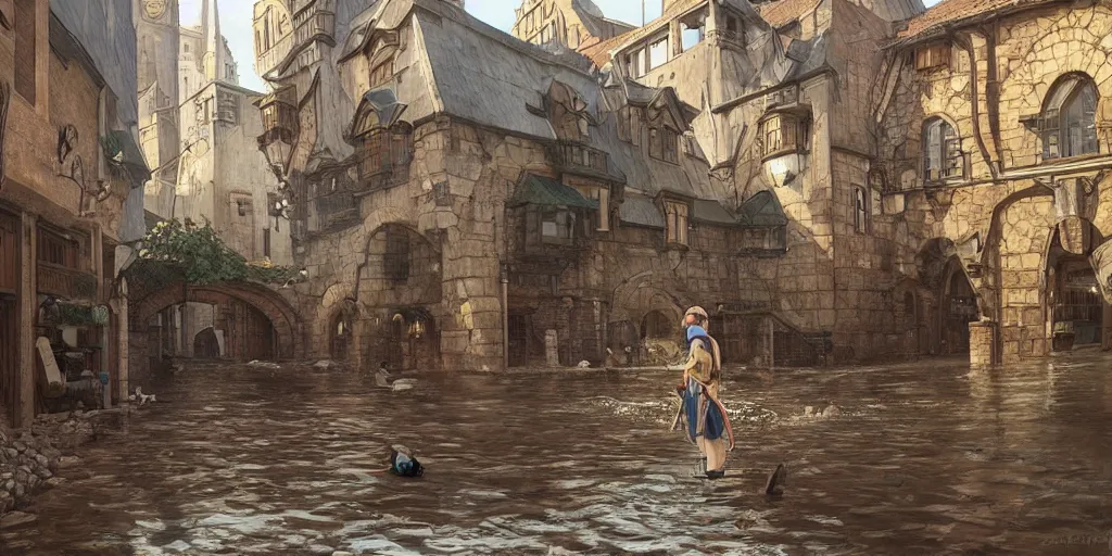 Image similar to empty medieval port town centre sewers are clogged with silt and debris, pokemon sword and sheild, bright future, social realism, highly detailed, digital painting, artstation, concept art, matte, sharp focus, illustration, art by artgerm and greg rutkowski and alphonse mucha