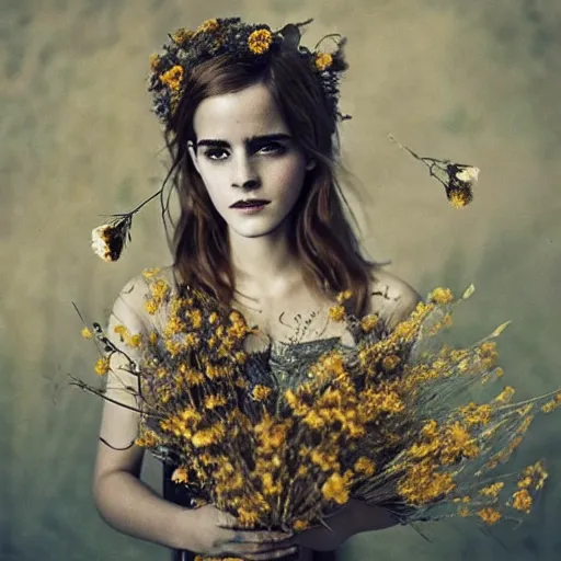 Prompt: fine art photo of the beauty goddess emma watson, she has a crown of dried flowers, by oleg oprisco