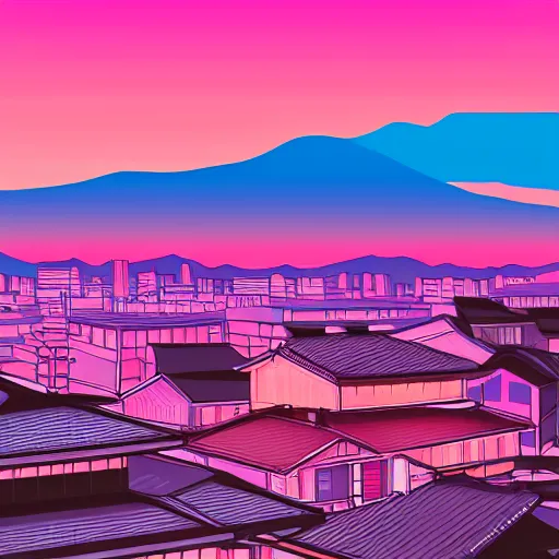 Image similar to synthwave japanese town, sunset, sharp focus, 8 k, high details