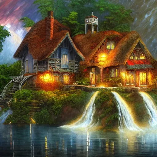 Image similar to cottage on waterfall cryengine render by android jones, james christensen, rob gonsalves, leonid afremov and tim white