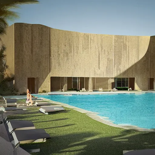 Prompt: architectural rendering of biophilia brutalism building in the desert, pool, garden