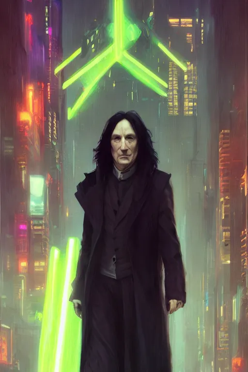 Image similar to portrait of severus snape in cyberpunk, neon lighting, night city, digital art from artstation by Ruan Jia and Mandy Jurgens and Artgerm and william-adolphe bouguereau and Greg Rutkowski