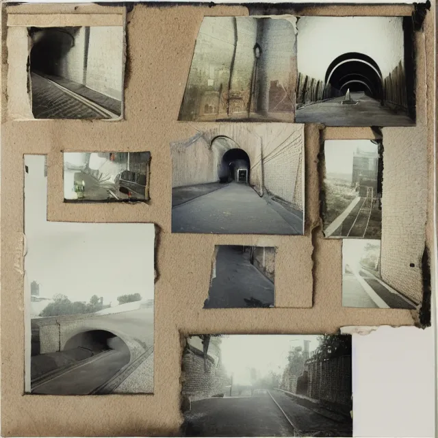 Prompt: underground tunnels, polaroid photograph collage