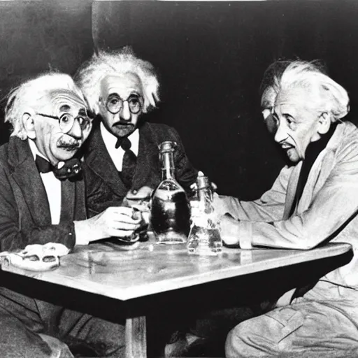 Image similar to albert einstein drinking rakia with his friends