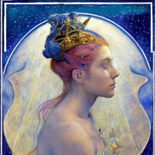 Image similar to queen of the moon with stars in her hair, by annie swynnerton and tino rodriguez and nicholas roerich and jean delville and donato giancola and diego rivera, dramatic lighting, god rays, geometric tattoos, rich colors, smooth sharp focus, extremely detailed, adolf wolfli