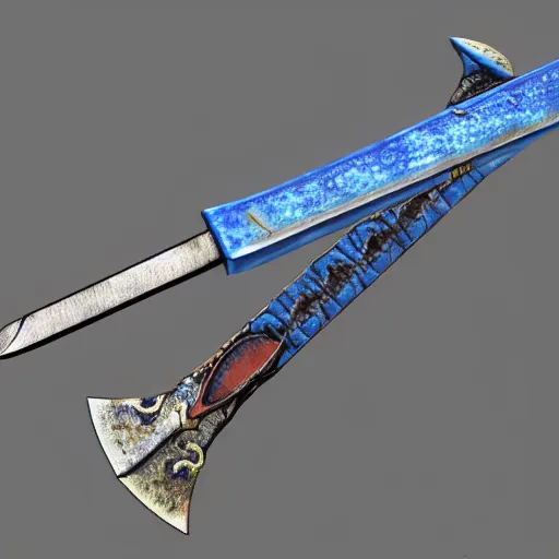 Prompt: bluestone flamberge, a huge two-handed sword with a wavy blade and large cross guard. It has a faint blue sheen, and radiates a sense of unease. 3d render