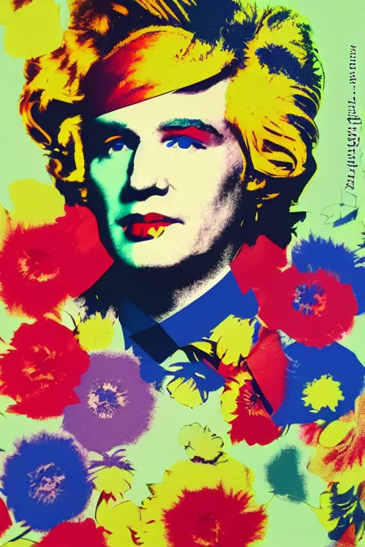 Image similar to colorful portrait of andy warhol, bloom flowers, modern, eclectic, illustration, studio lighting, matte background, by ramon casas