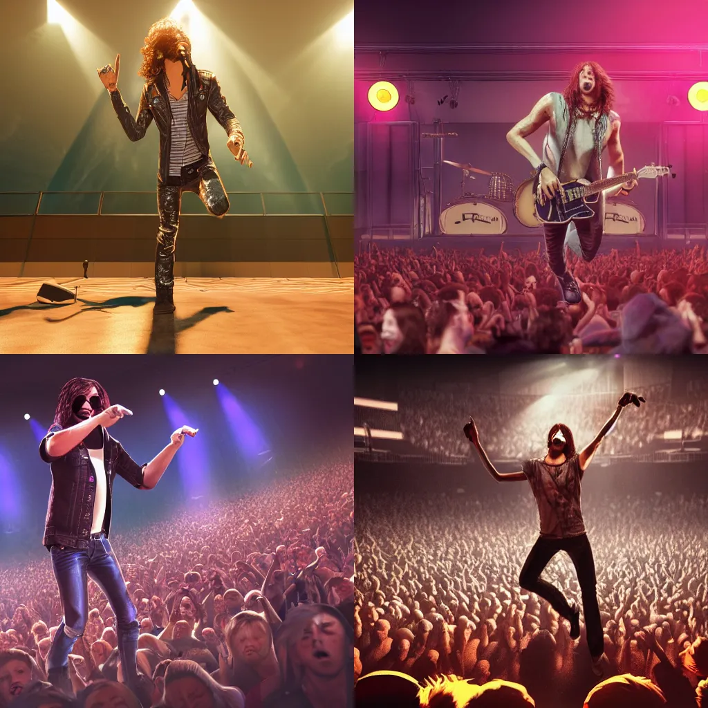 Prompt: highly detailed full body character art of a rock star singing at the rock concert, full body, highly detailed, photo realistic, energetic atmosphere, rock concert, music, 8K, octane render, unreal engine
