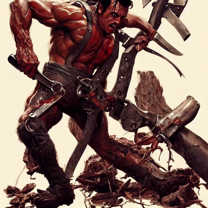 Image similar to Ash Williams from The evil dead, manowar album, Muscular man, chainsaw attached to hand, ripping demon torso, blood, artstation, concept art, smooth, sharp focus, highly detailed, illustration, art by artgerm and greg rutkowski and alphonse mucha