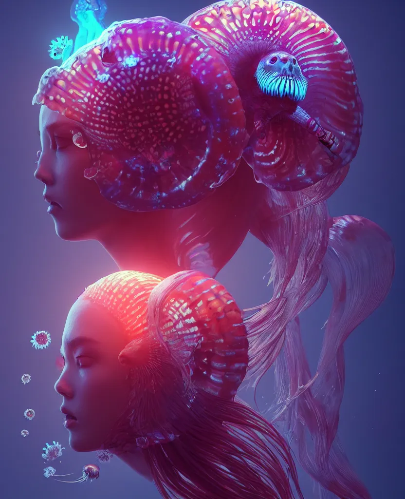 Image similar to goddess close-up portrait. orchid jellyfish phoenix head, nautilus, skull, betta fish, bioluminiscent creatures, intricate artwork by Tooth Wu and wlop and beeple. octane render, trending on artstation, greg rutkowski very coherent symmetrical artwork. cinematic, hyper realism, high detail, octane render, 8k