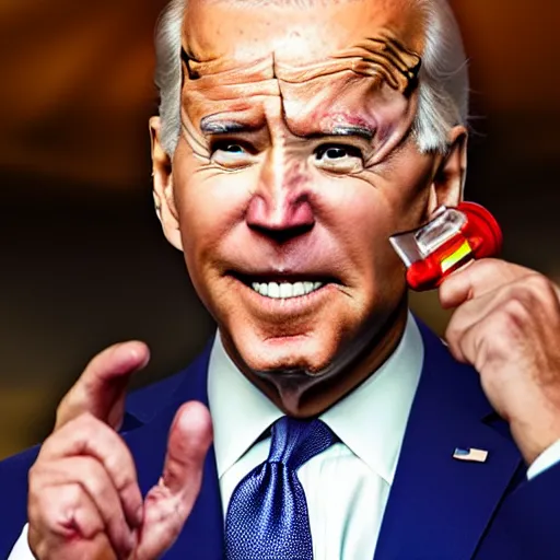 Prompt: Joe Biden sipping gasoline from the gas station gas pump
