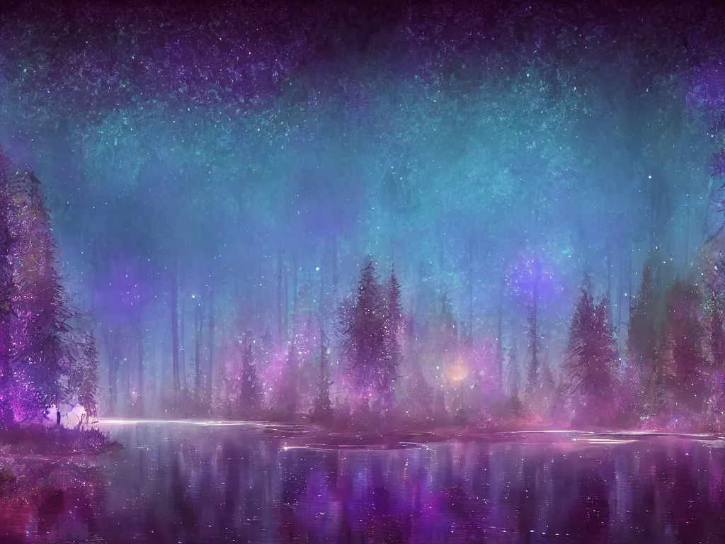 Prompt: a cinematic beautiful magical moonlit blue and purple forest full of ethereal sparkling glowing blue lights with a beautiful galaxy sky and a glistening glittery pond and river, cinematic, sunset, hyper-realistic, high resolution, concept art, artstation