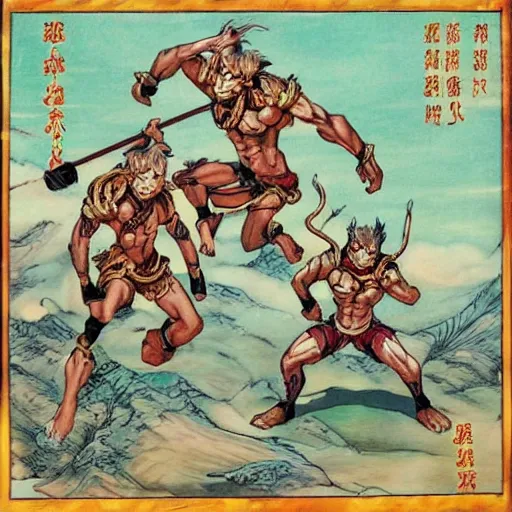 Prompt: Sun Wukong vs. Nezha with three heads and six arms,From the Chinese cartoon havoc in heaven