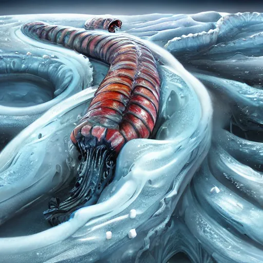 Image similar to giant jello worm in a icy desert, ice, snow, cold, by the tony sart and hr giger, artstation