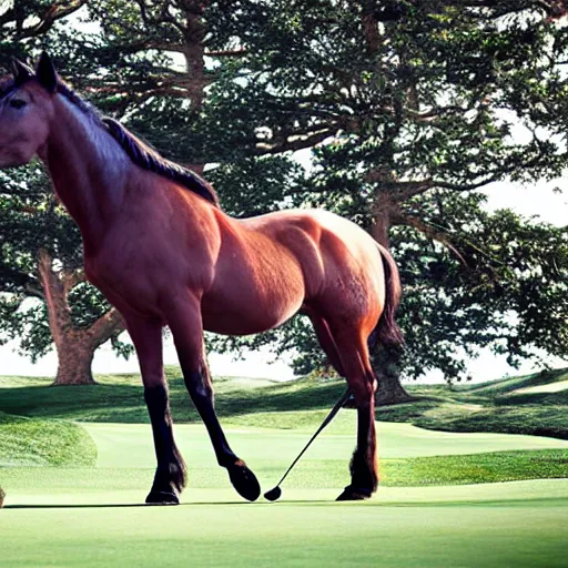 Prompt: realistic photo of a horse that is playing golf alone, with its hands, 4k