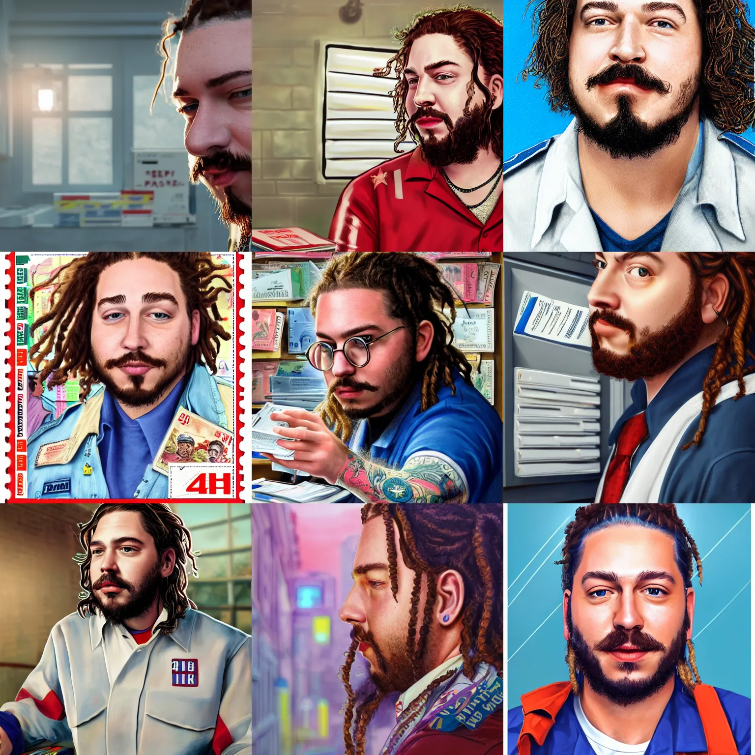 Prompt: a closeup photorealistic illustration of post malone dressed for work as a postal clerk selling stamps. bright scene. fine detail. this 4 k hd image is trending on artstation, featured on behance, well - rendered, extra crisp, features intricate detail, epic composition and the style of unreal engine.