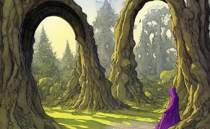 Image similar to a hyperrealist watercolour concept art of a dimensional time portal in the shape of an arch of trees. a medieval monk in grey robes is in the foreground. by rebecca guay, michael kaluta, charles vess and jean moebius giraud. high detail, hq, wide shot, 4 k