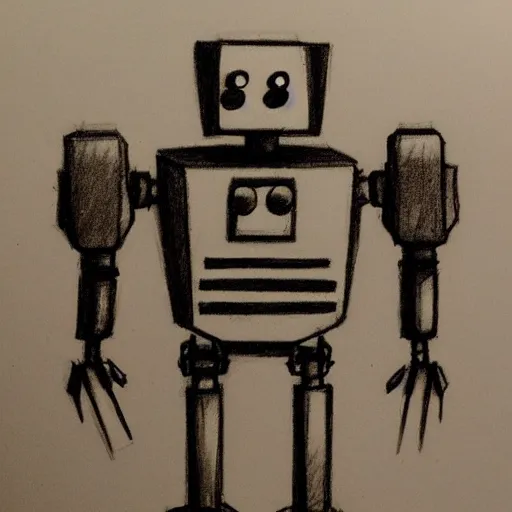 Image similar to pencil sketch of a awkard robot with joints that creak and a triangular head with 2 antenna