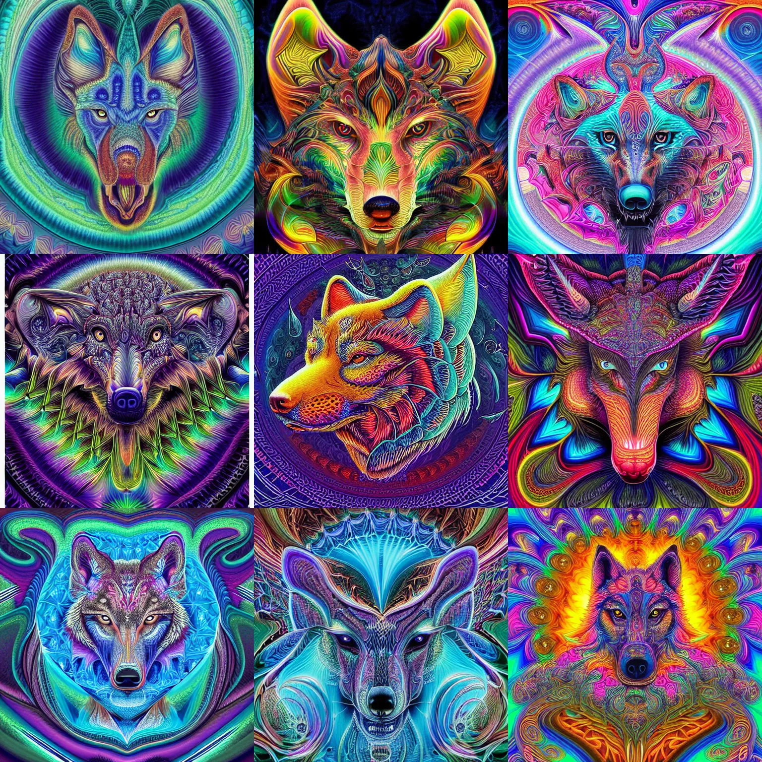 Prompt: a isometric intricate ornate psychedelic image of a wolf head opening into a fractal universe, digital art by alex grey, dan mumford, felix kelly, artgerm, psychedelic art, psychedelic, fractalism, fractals, artstation, detailed, art, hyper realism, hyper detailed, cgsociety, ue 5, hd, 3 d