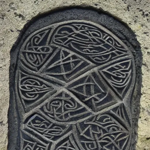 Prompt: ancient Irish, photo of stone carved with intricate runes