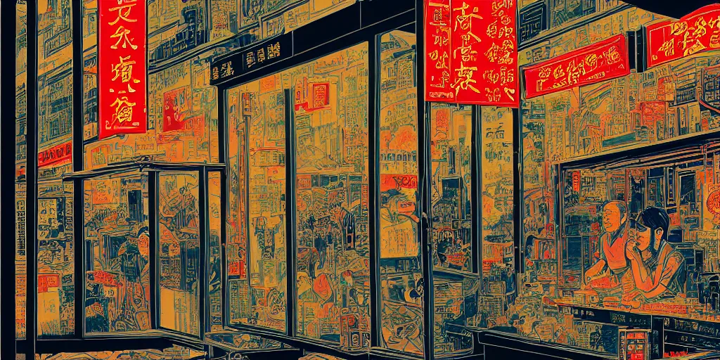 Image similar to a shop window in hong kong, by dan mumford and peter doig and edward hopper, minimal, black ink, thick lines, highly detailed, muted colours, overlaid with chinese adverts, 8 k