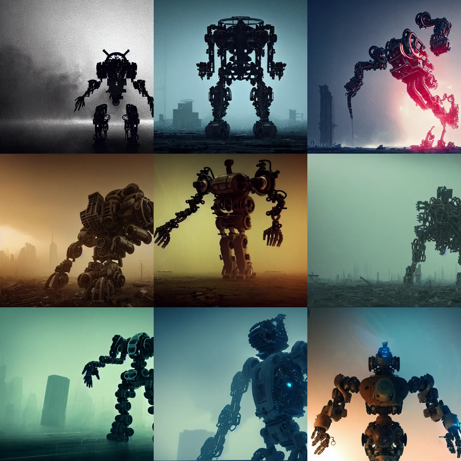 Prompt: a ruin mega mech humanoid broken down, in tornado, caught in the flow of time, flying screw, nut, pipe, circuits, wires swirling interwoven. smog. particles. octane render. 8 k. dark atmospheric. cinematic. spectacular. sense of awe. debris. mist. strong winds. super slowmotion.