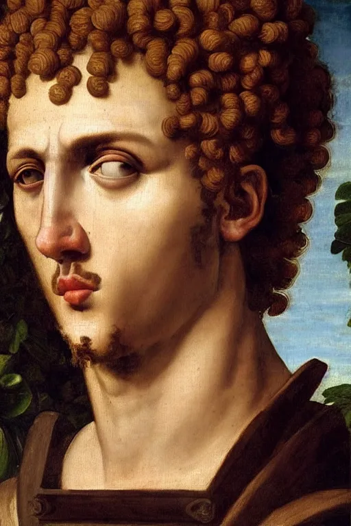 Prompt: renaissance painting of man, short curly hair, evil face, emotions closeup, dressed in roman armour, the beautiful garden with leaves, ultra detailed, art by Guido Reni style, Vincenzo Catena style