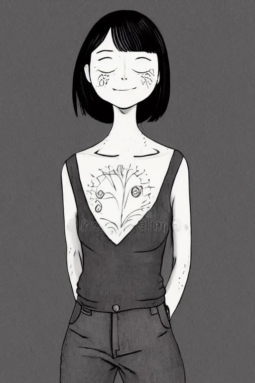 Image similar to portrait of a girl in long pants and a top, hands in pockets, eyes closed, red color heart shaped tattoo on the right hand, bob haircut, digital art, black and white, illustration by junji ito and kaoru mori