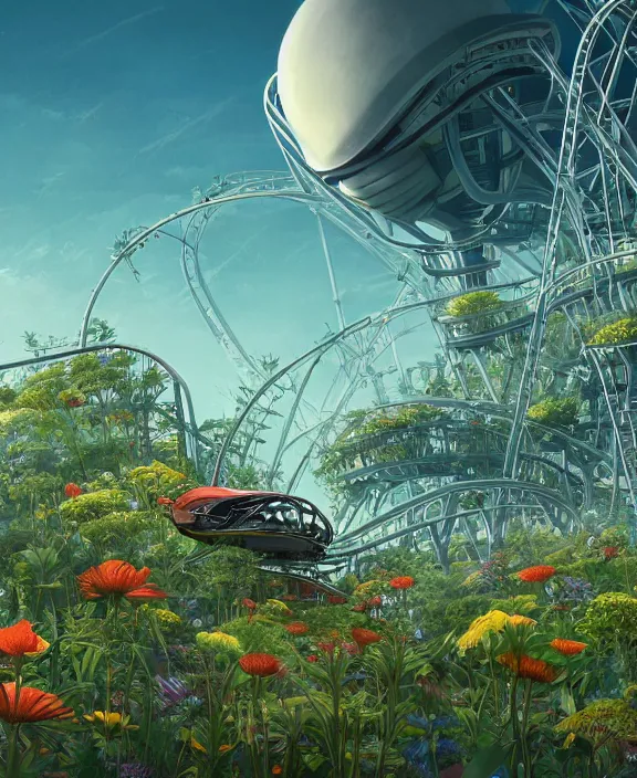 Image similar to simplicity, elegance, a roller coaster building made out of organic creatures, in the style of a streamlined asymmetrical spaceship, overgrown with flowers, bleak apocalyptic environment, by dan mumford, yusuke murata, makoto shinkai, ross tran, cinematic, unreal engine, cel shaded, featured on artstation, pixiv