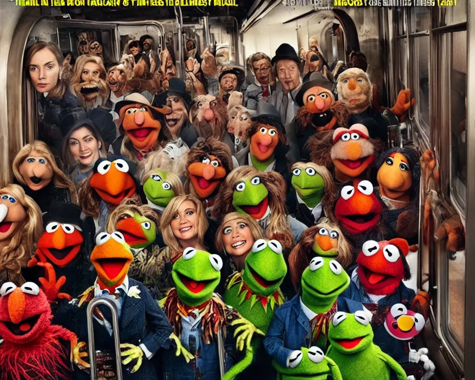 Image similar to a horror movie poster featuring muppets hijacking a train