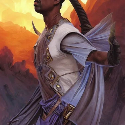 Prompt: chris rock as teferi, in the style of magic the gathering, glacier landscape, d & d, fantasy, intricate, elegant, highly detailed, digital painting, artstation, concept art, matte, sharp focus, illustration, art by artgerm and greg rutkowski and alphonse mucha