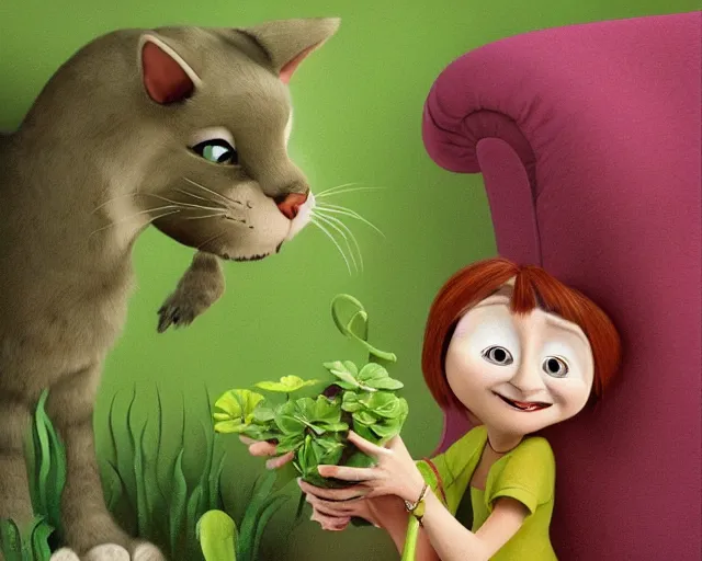 Image similar to detailed cartoon portrait of an old lady and her plant cat, pixar, sharp high quality