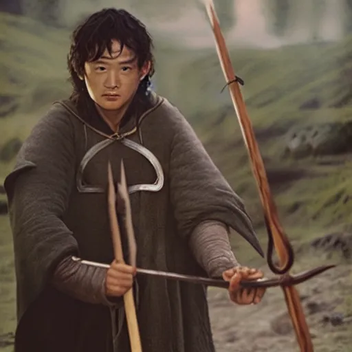 Image similar to a still from “ lord of the rings ” of a head and shoulders portrait of fei lung as a wizard with a wooden staff, betty, photo by phil noto