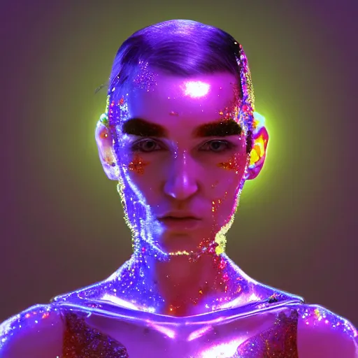 Image similar to a detailed cinematic symmetric wide shot render of Grimes as a cyborg covered with glitter in hell