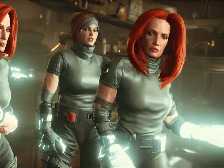 Prompt: Dana Scully and her doppelganger in Mortal Kombat 11, ps5 cinematic screen capture, 4k