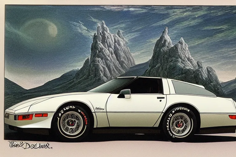 Image similar to intricate, 3 d, 1 9 8 8 c 4 corvette trans am wagon estate, style by caspar david friedrich and wayne barlowe and ted nasmith.