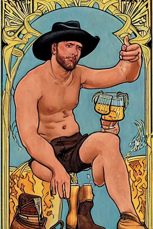 Prompt: a beautiful tarot! card of a handsome shirtless cowboy wearing cowboy hat and boots with a chunky build and beer belly next to a campfire | homoerotic! | art deco!, art nouveau | by Walter Crane, by Mark Maggiori | realistic, trending on artstation