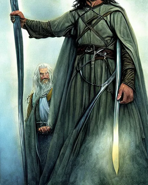 Prompt: the cover art by john howe for the 3 6 th edition of lord of the rings featuring full - body portraits of aragorn and gandalf