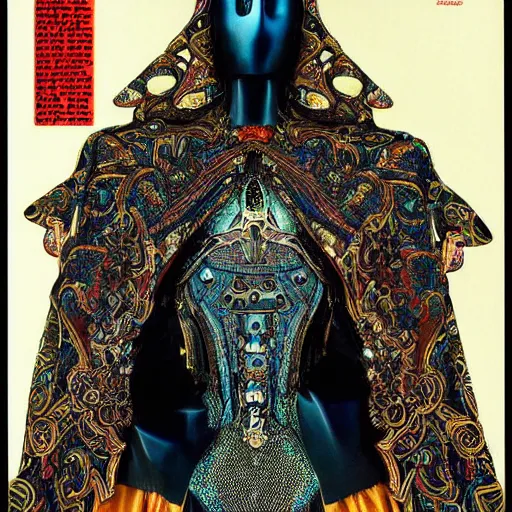 Prompt: beautiful portrait of the mysterious cybernetic masked figure, vogue cover, vogue poses, beautiful ornamental silk cape, intricate, highly detailed, masterful, fantasy world, sci fi world, in the style of moebius, akira toriyama, jean giraud